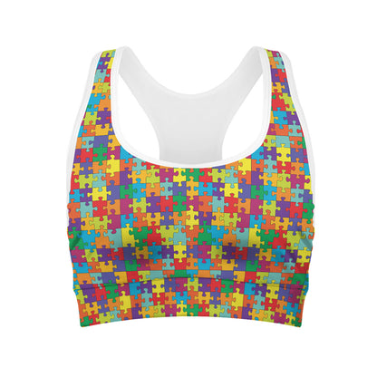 Colorful Autism Awareness Puzzle Print Women's Sports Bra