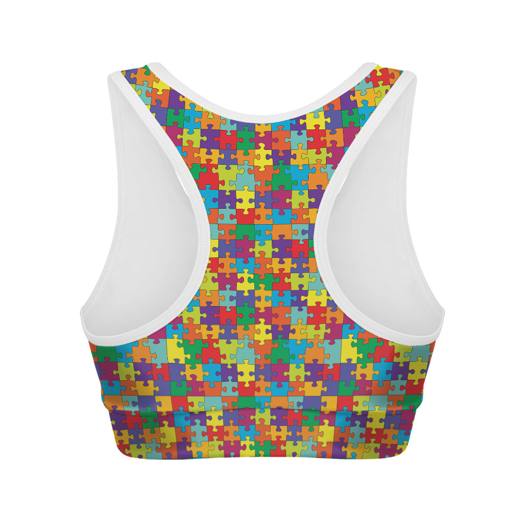 Colorful Autism Awareness Puzzle Print Women's Sports Bra