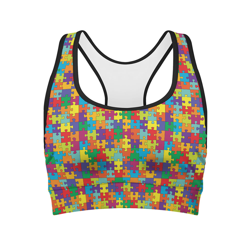 Colorful Autism Awareness Puzzle Print Women's Sports Bra