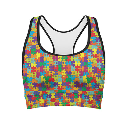 Colorful Autism Awareness Puzzle Print Women's Sports Bra
