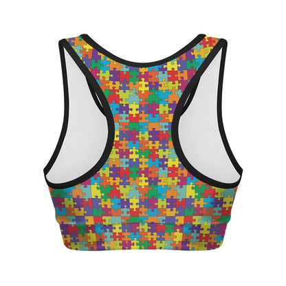 Colorful Autism Awareness Puzzle Print Women's Sports Bra