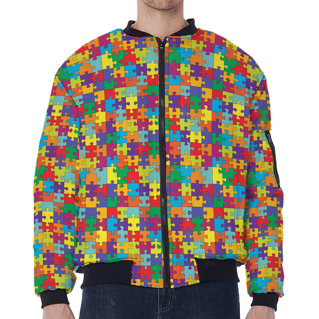 Colorful Autism Awareness Puzzle Print Zip Sleeve Bomber Jacket