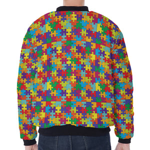 Colorful Autism Awareness Puzzle Print Zip Sleeve Bomber Jacket