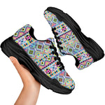 Colorful Aztec Geometric Pattern Print Black Chunky Shoes