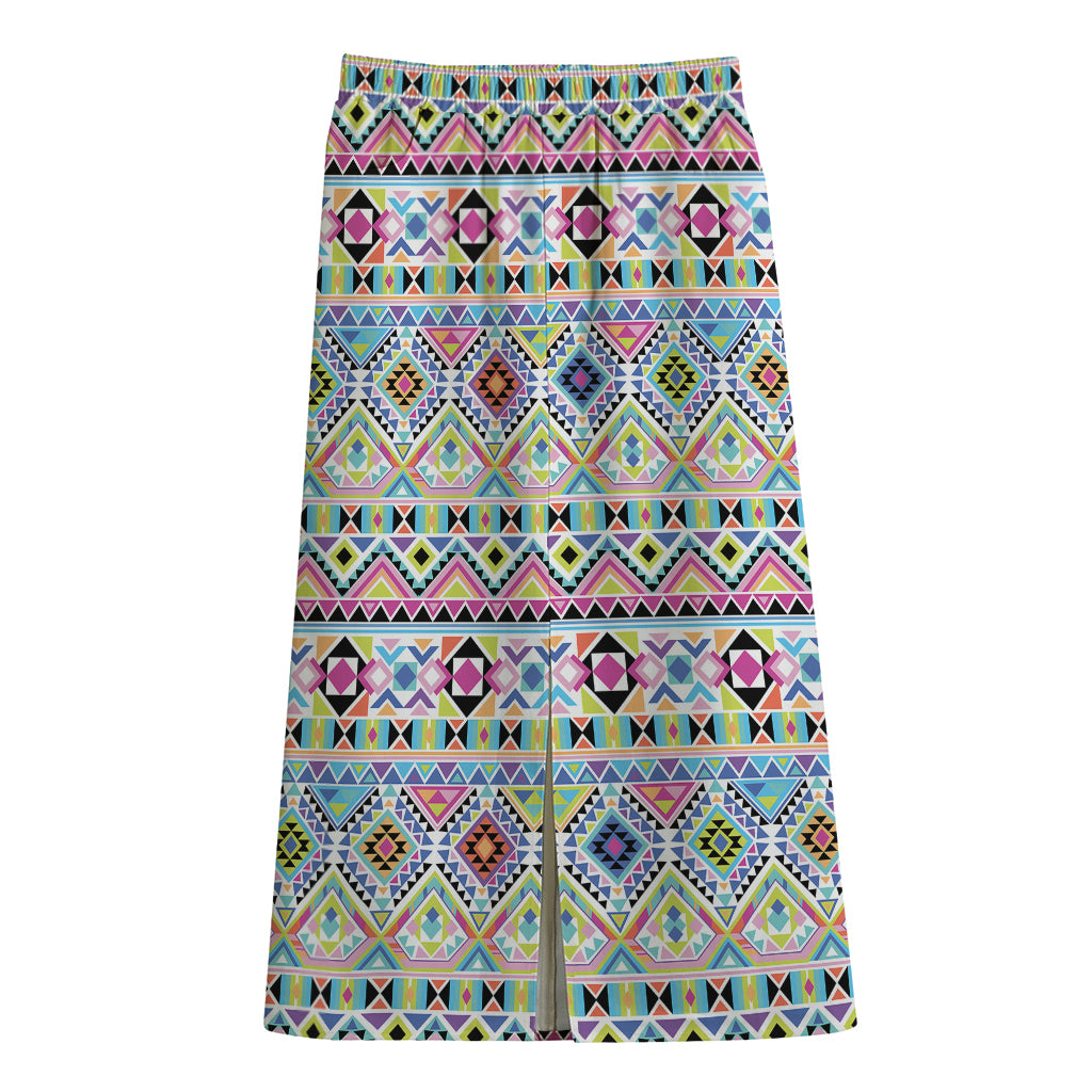 Colorful Aztec Geometric Pattern Print Cotton Front Slit Maxi Skirt