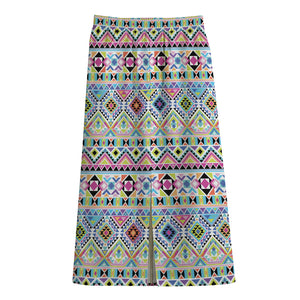 Colorful Aztec Geometric Pattern Print Cotton Front Slit Maxi Skirt