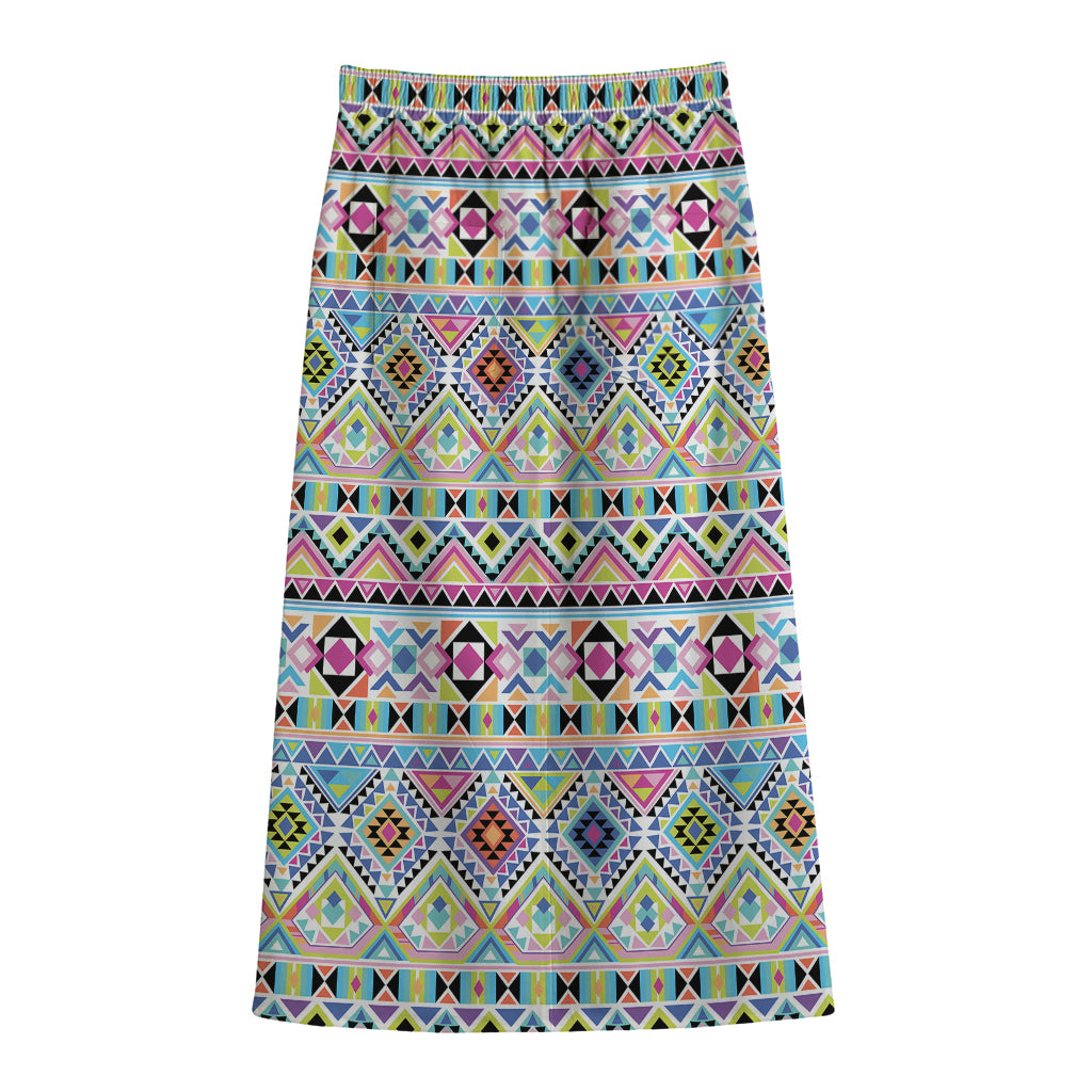 Colorful Aztec Geometric Pattern Print Cotton Front Slit Maxi Skirt