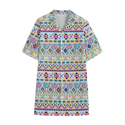 Colorful Aztec Geometric Pattern Print Cotton Hawaiian Shirt