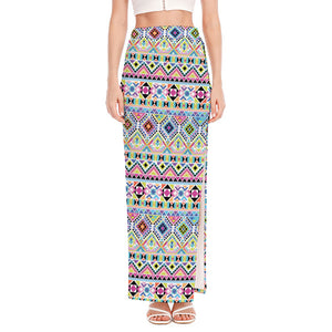 Colorful Aztec Geometric Pattern Print High Slit Maxi Skirt