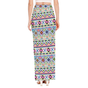 Colorful Aztec Geometric Pattern Print High Slit Maxi Skirt