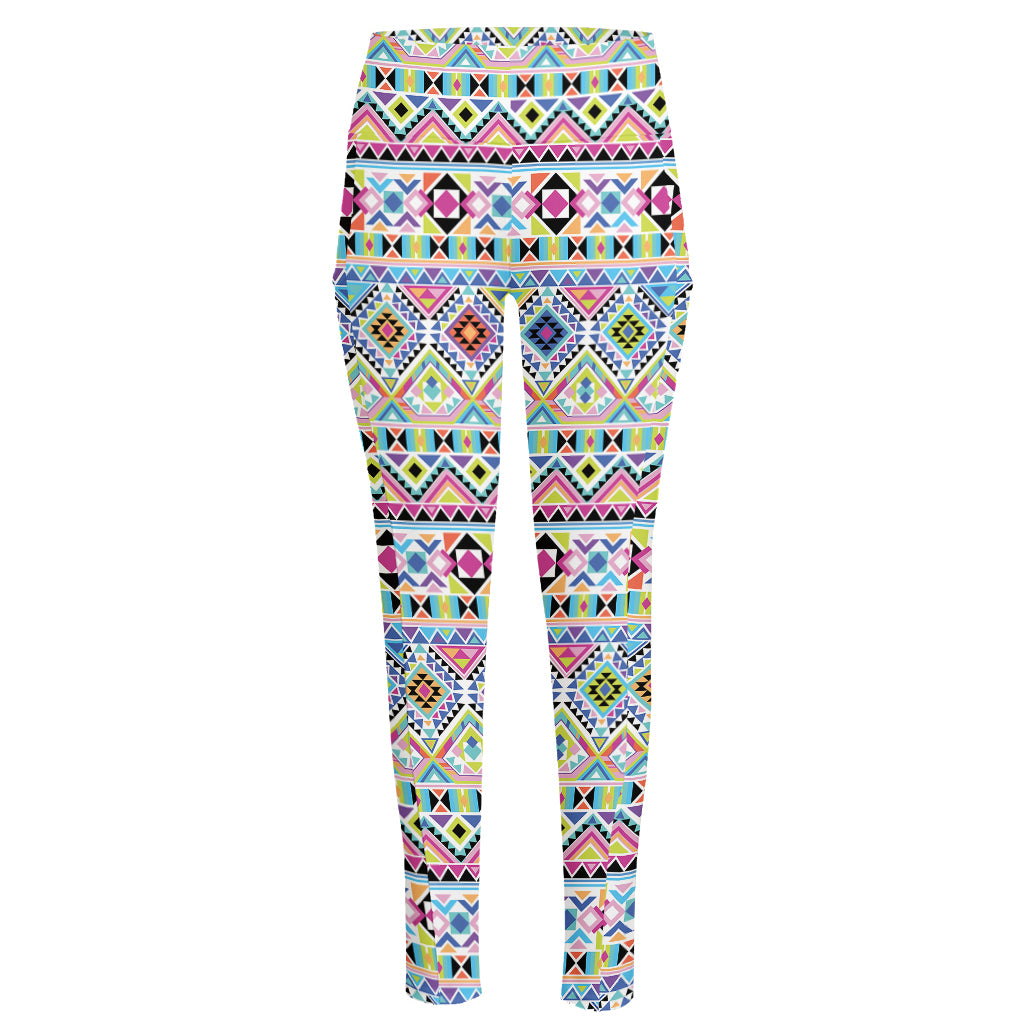 Colorful Aztec Geometric Pattern Print High-Waisted Pocket Leggings