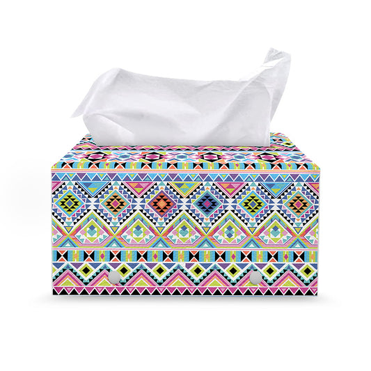 Colorful Aztec Geometric Pattern Print Leather Tissue Box Cover