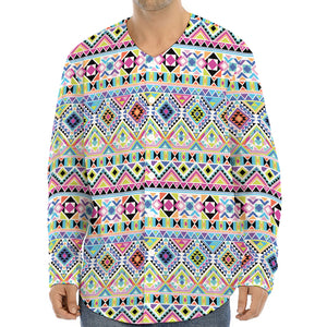 Colorful Aztec Geometric Pattern Print Long Sleeve Baseball Jersey