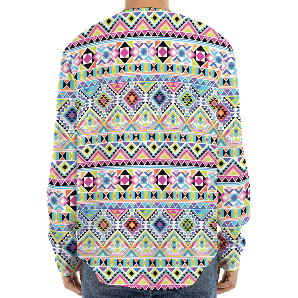 Colorful Aztec Geometric Pattern Print Long Sleeve Baseball Jersey