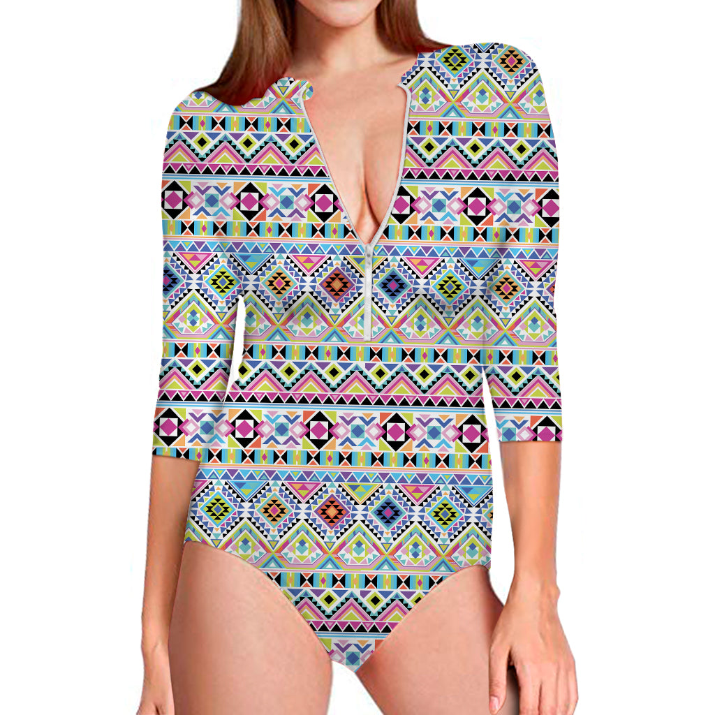 Colorful Aztec Geometric Pattern Print Long Sleeve Swimsuit