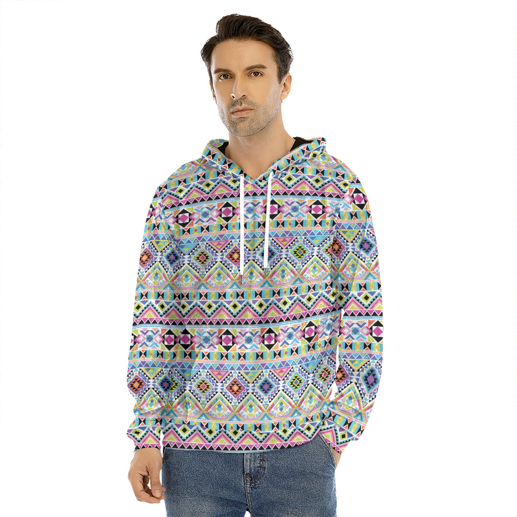 Colorful Aztec Geometric Pattern Print Men's Velvet Pullover Hoodie