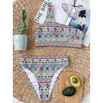 Colorful Aztec Geometric Pattern Print One Shoulder Bikini Top