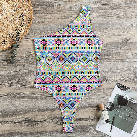 Colorful Aztec Geometric Pattern Print One Shoulder Bodysuit