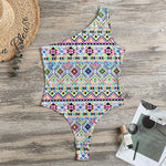 Colorful Aztec Geometric Pattern Print One Shoulder Bodysuit