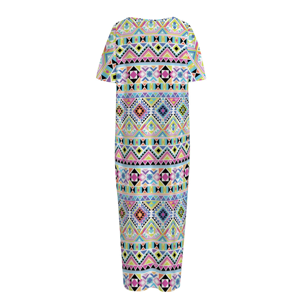 Colorful Aztec Geometric Pattern Print Short Sleeve Long Nightdress