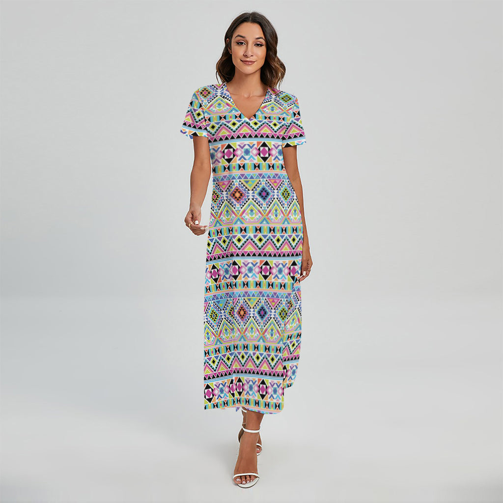 Colorful Aztec Geometric Pattern Print Short Sleeve Maxi Dress