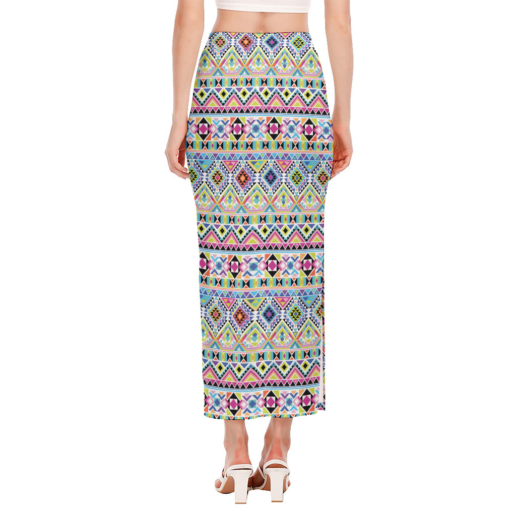 Colorful Aztec Geometric Pattern Print Side Slit Maxi Skirt