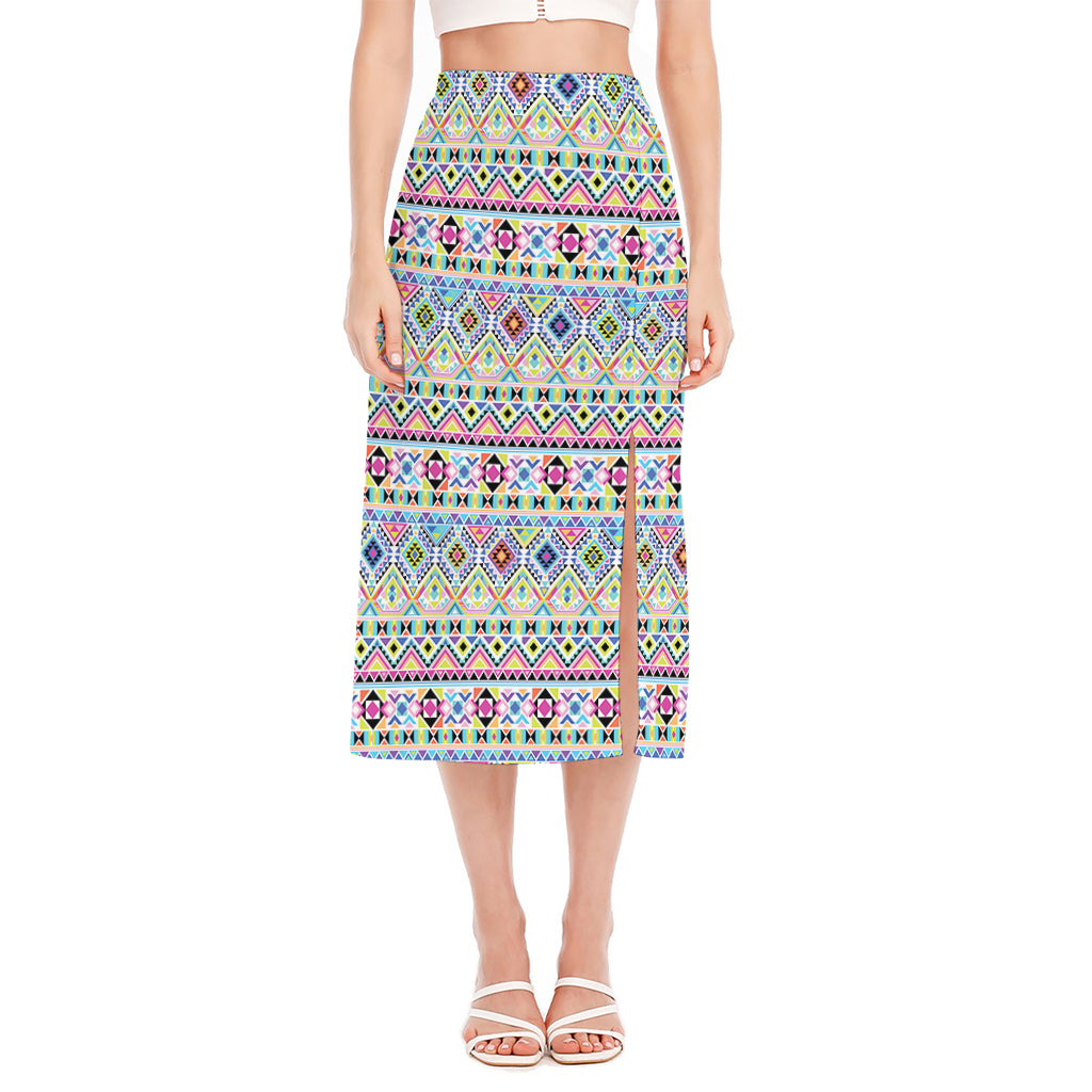 Colorful Aztec Geometric Pattern Print Side Slit Midi Skirt