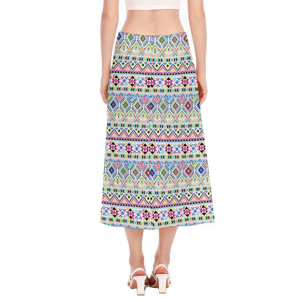 Colorful Aztec Geometric Pattern Print Side Slit Midi Skirt