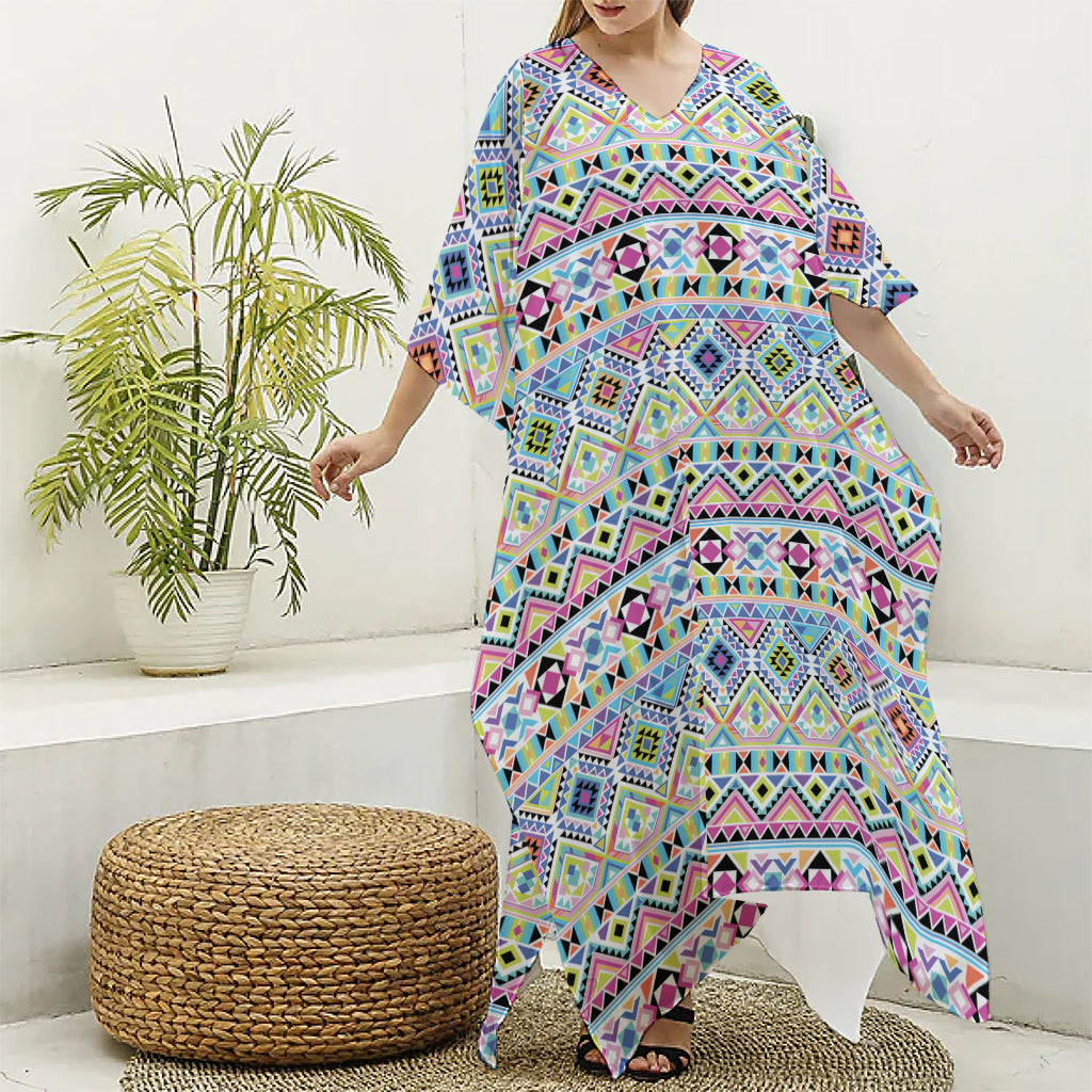 Colorful Aztec Geometric Pattern Print Silk V-Neck Kaftan Dress