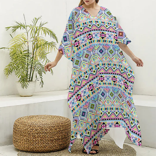 Colorful Aztec Geometric Pattern Print Silk V-Neck Kaftan Dress