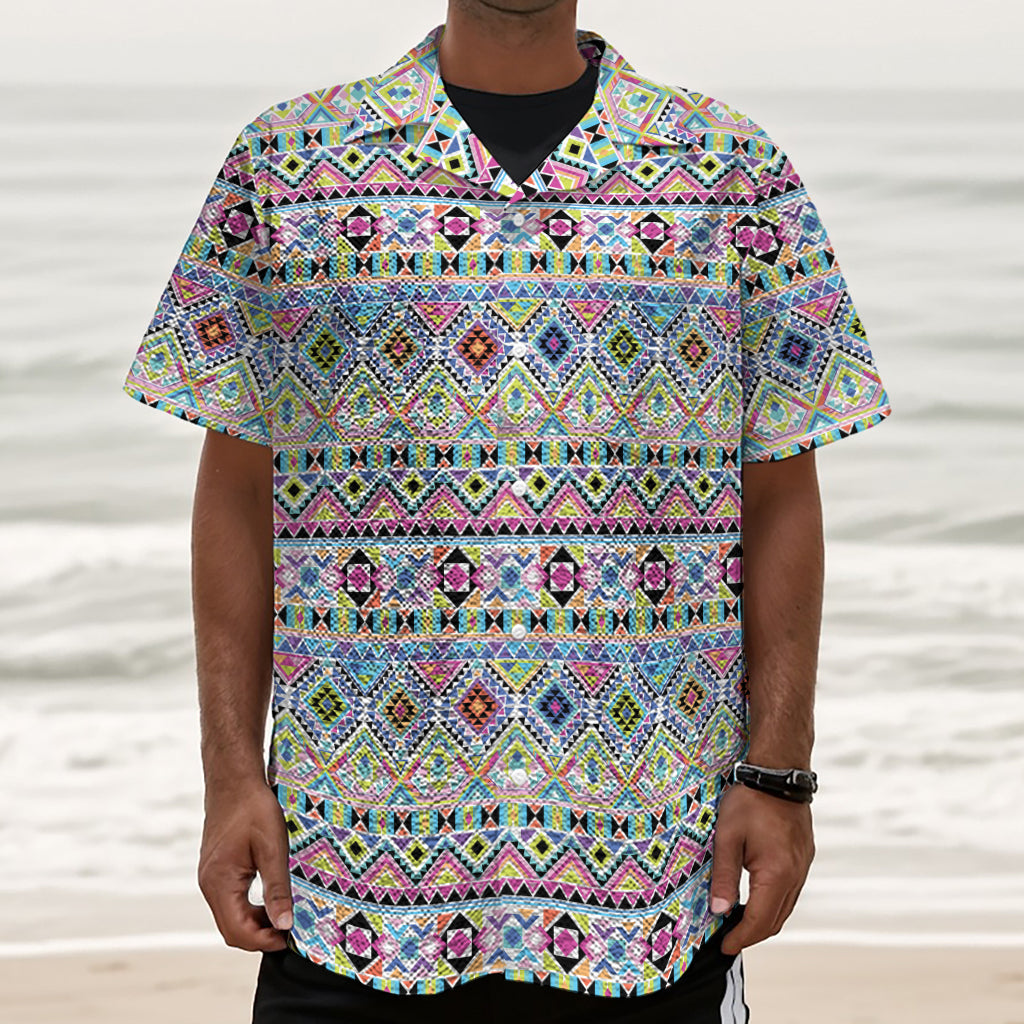 Colorful Aztec Geometric Pattern Print Textured Short Sleeve Shirt