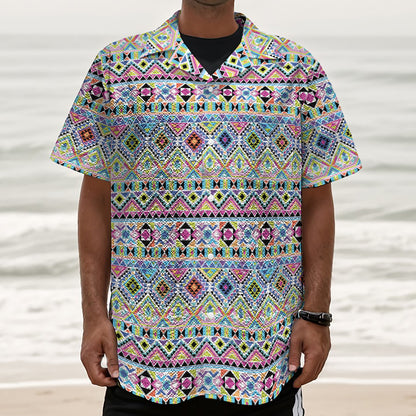 Colorful Aztec Geometric Pattern Print Textured Short Sleeve Shirt