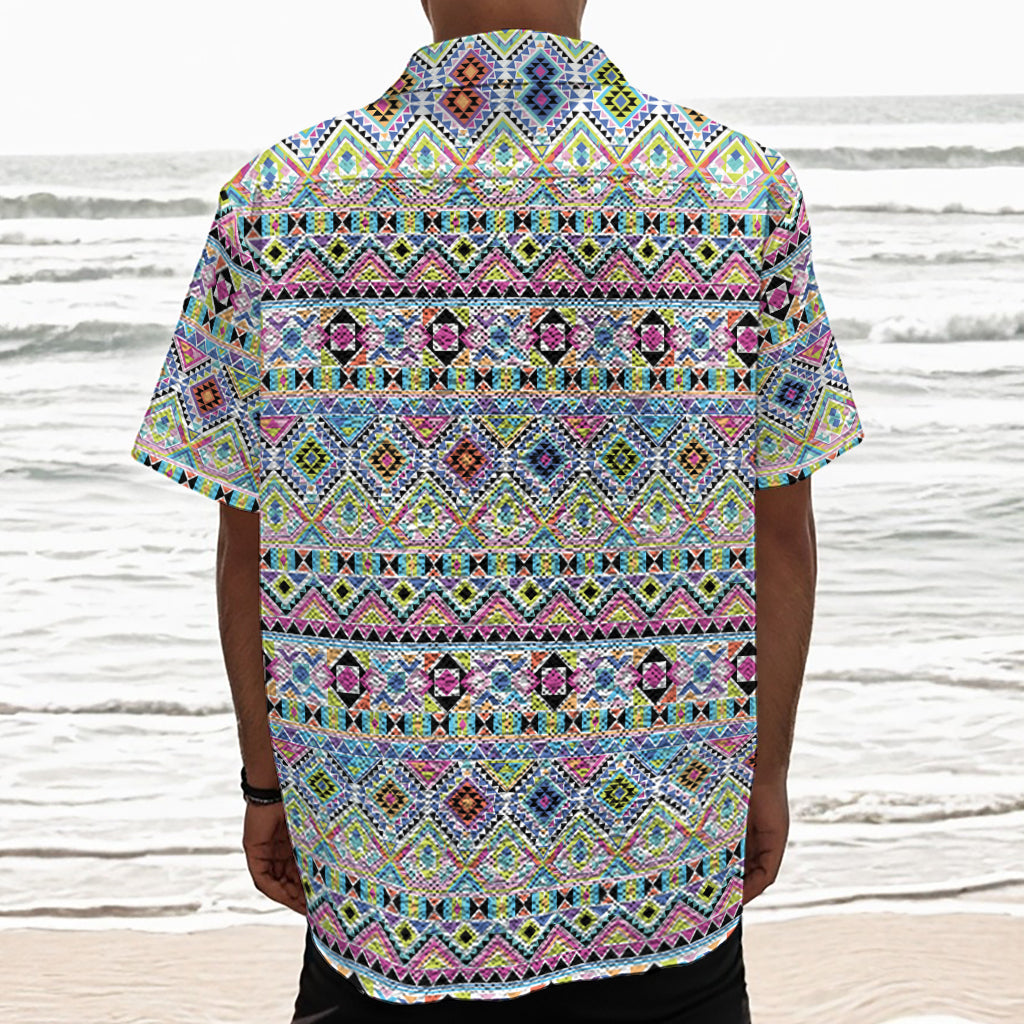 Colorful Aztec Geometric Pattern Print Textured Short Sleeve Shirt