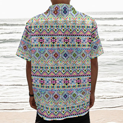 Colorful Aztec Geometric Pattern Print Textured Short Sleeve Shirt