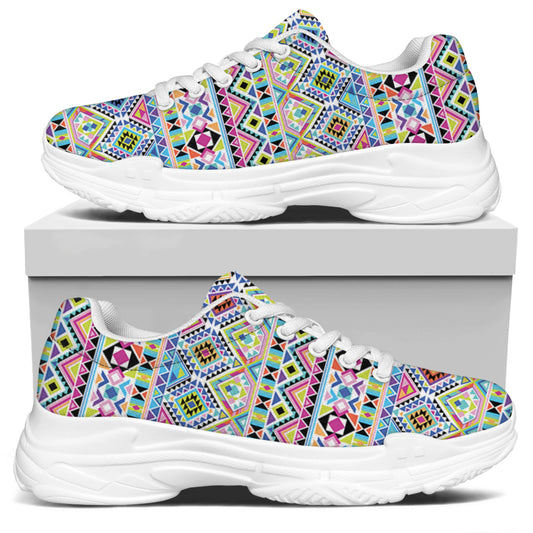 Colorful Aztec Geometric Pattern Print White Chunky Shoes