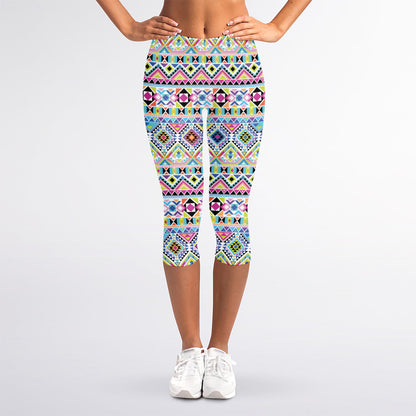 Colorful Aztec Geometric Pattern Print Women's Capri Leggings