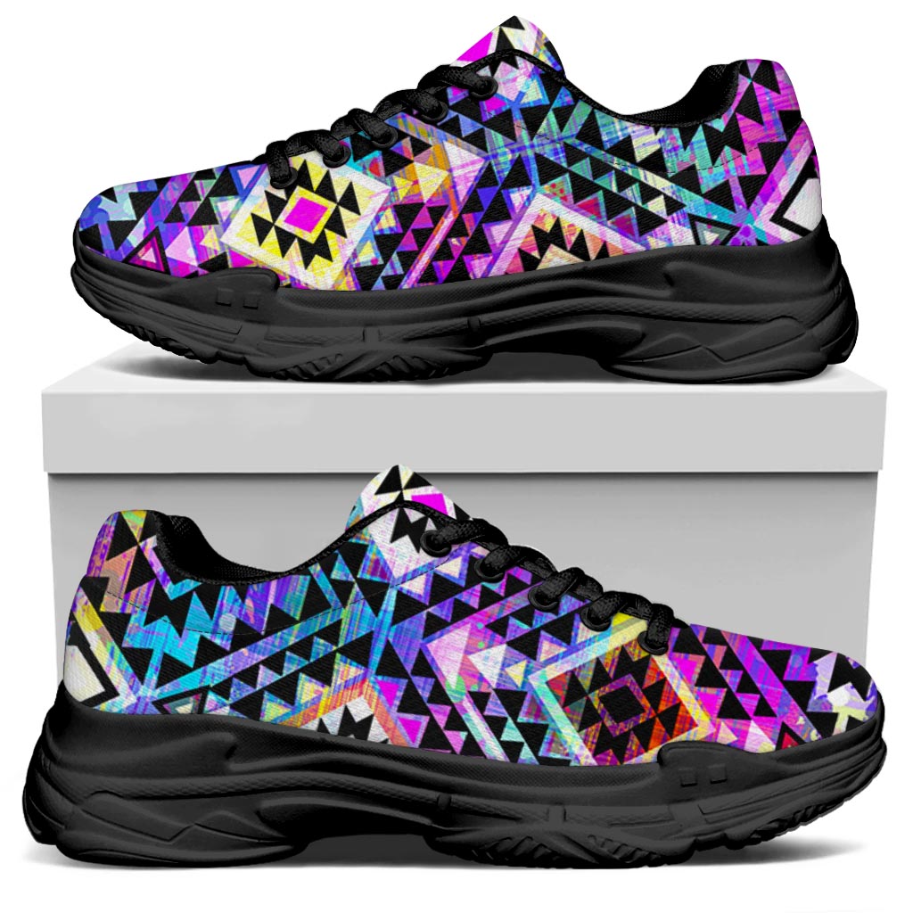 Colorful Aztec Pattern Print Black Chunky Shoes