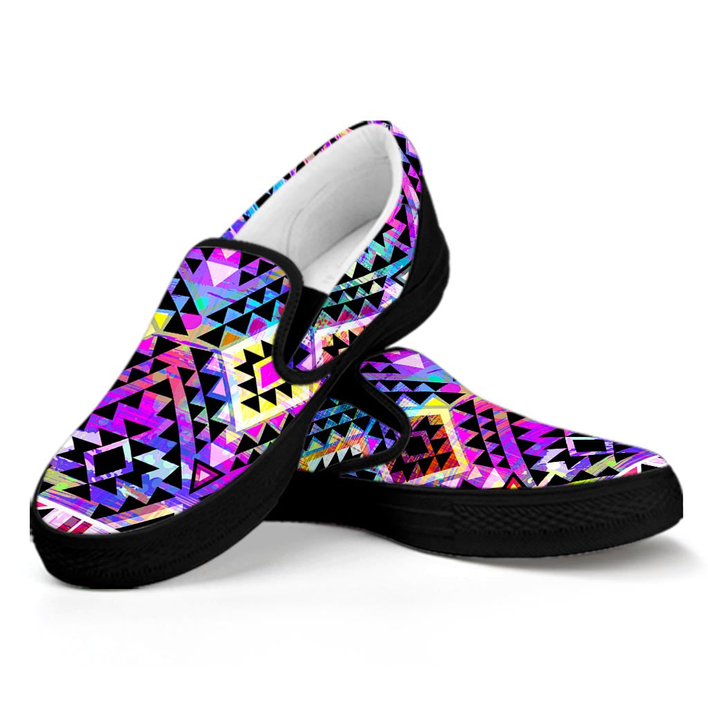 Colorful Aztec Pattern Print Black Slip On Sneakers