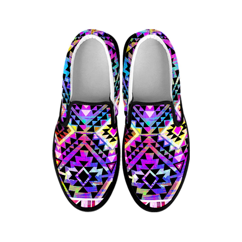 Colorful Aztec Pattern Print Black Slip On Sneakers