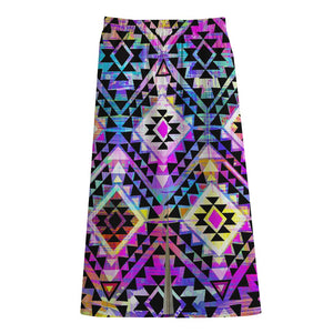 Colorful Aztec Pattern Print Cotton Front Slit Maxi Skirt