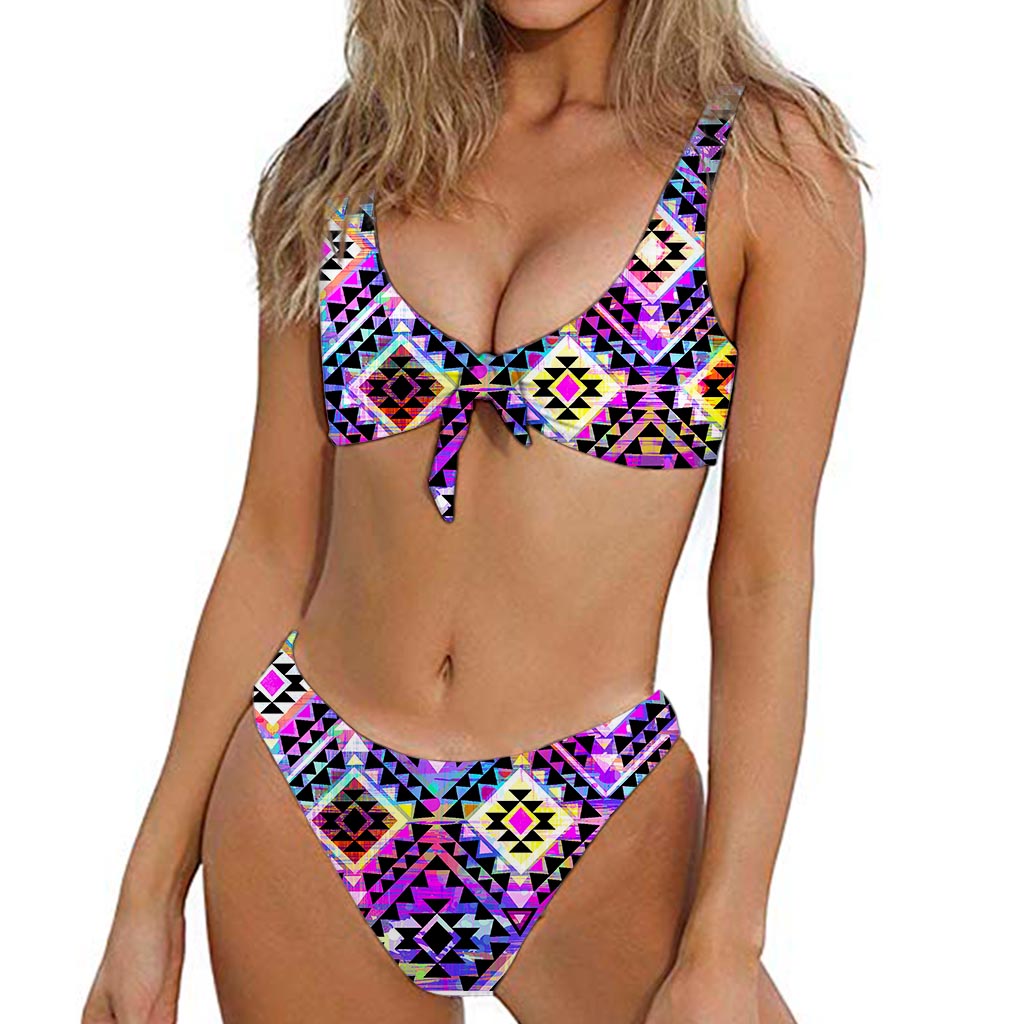 Colorful Aztec Pattern Print Front Bow Tie Bikini
