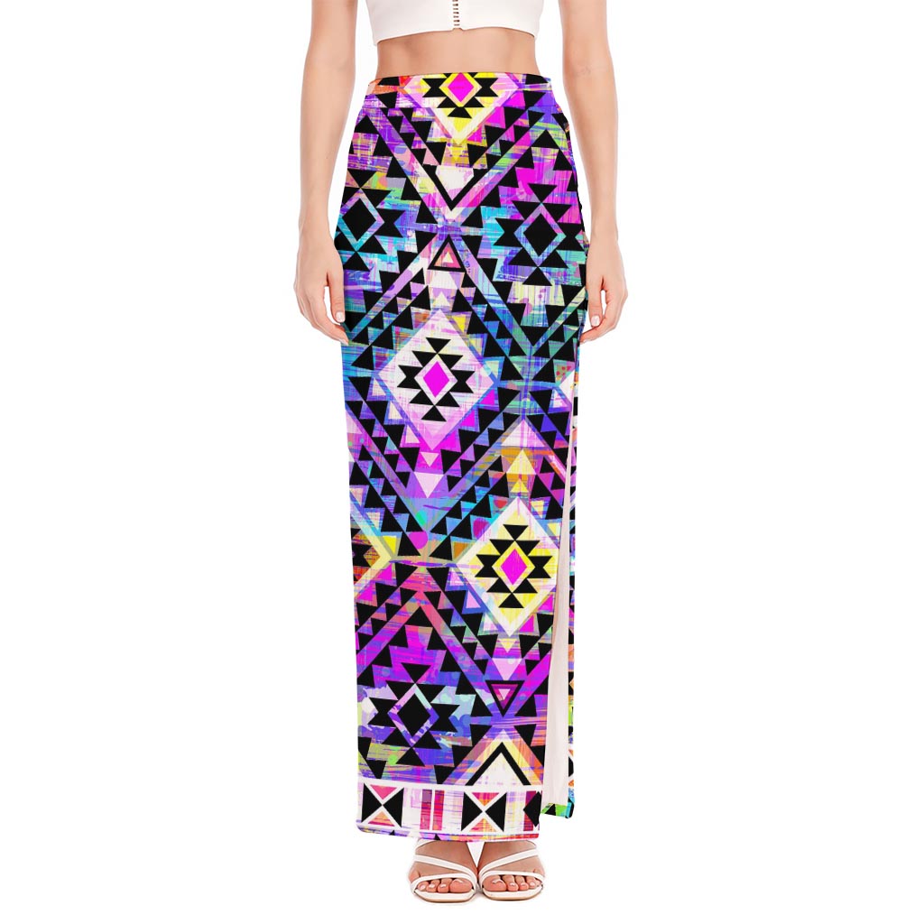 Colorful Aztec Pattern Print High Slit Maxi Skirt