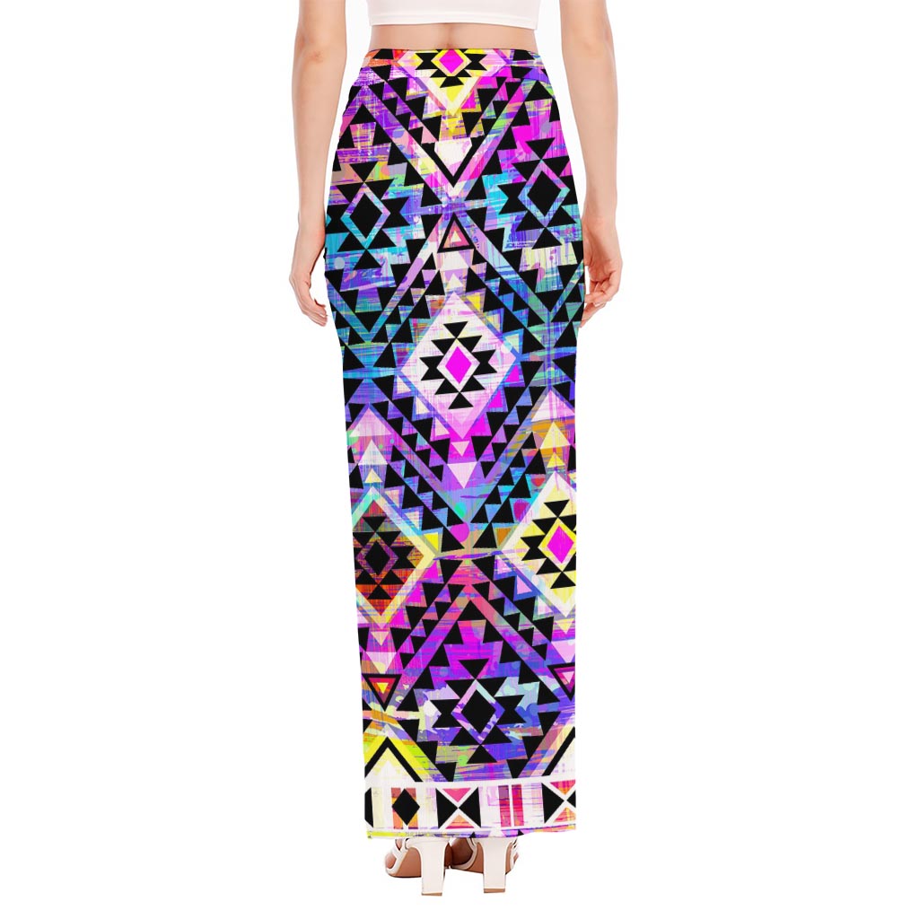 Colorful Aztec Pattern Print High Slit Maxi Skirt