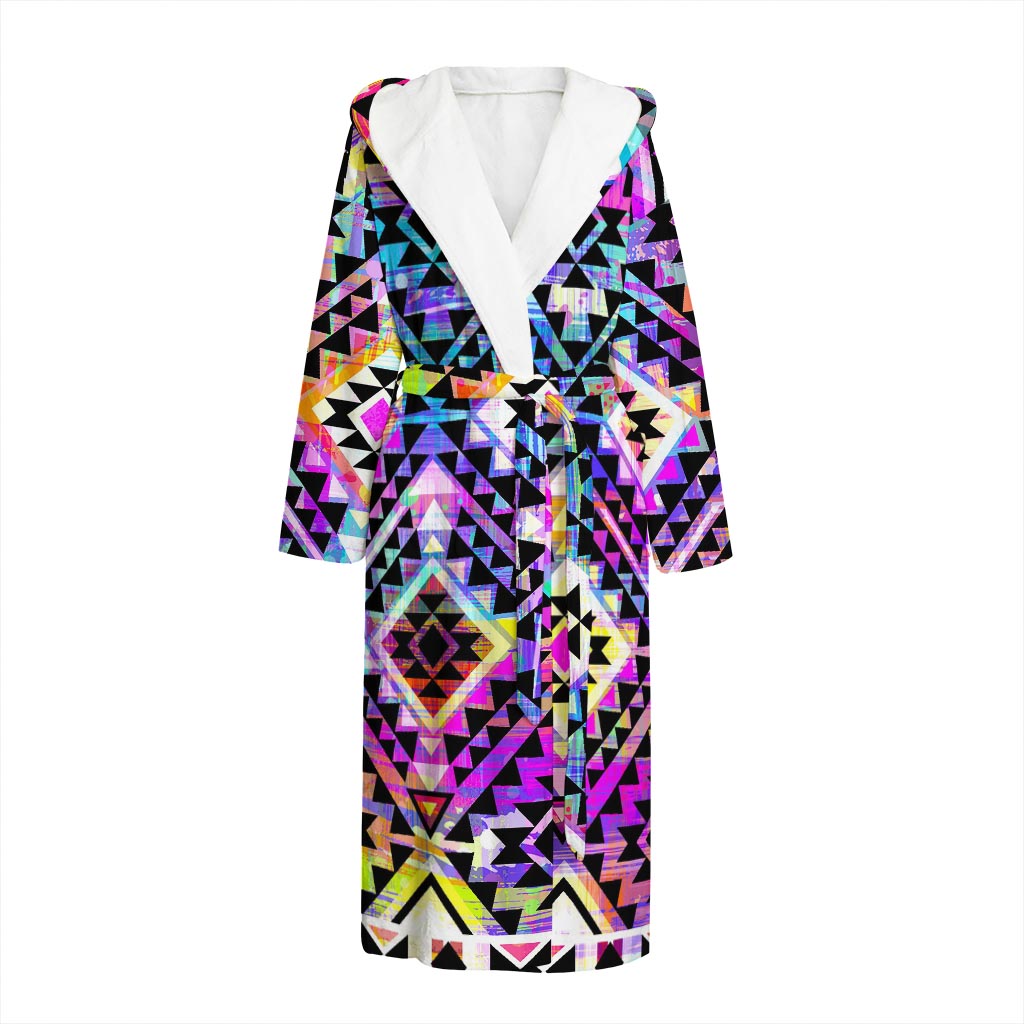 Colorful Aztec Pattern Print Hooded Bathrobe