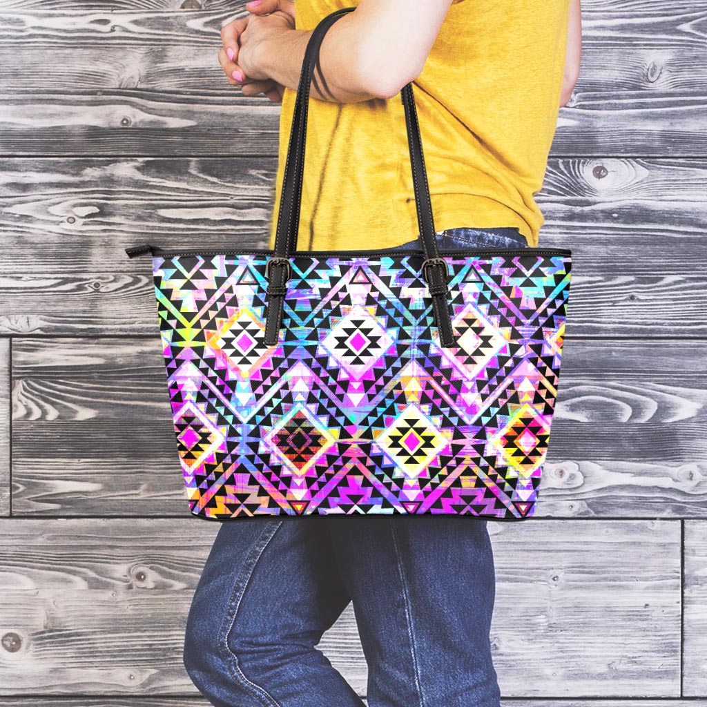 Colorful Aztec Pattern Print Leather Tote Bag