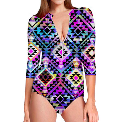 Colorful Aztec Pattern Print Long Sleeve Swimsuit