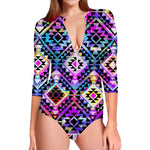 Colorful Aztec Pattern Print Long Sleeve Swimsuit