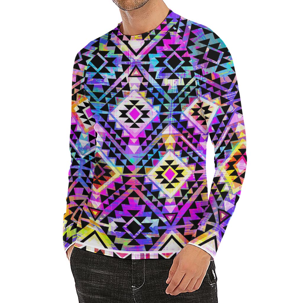 Colorful Aztec Pattern Print Men's Long Sleeve Rash Guard