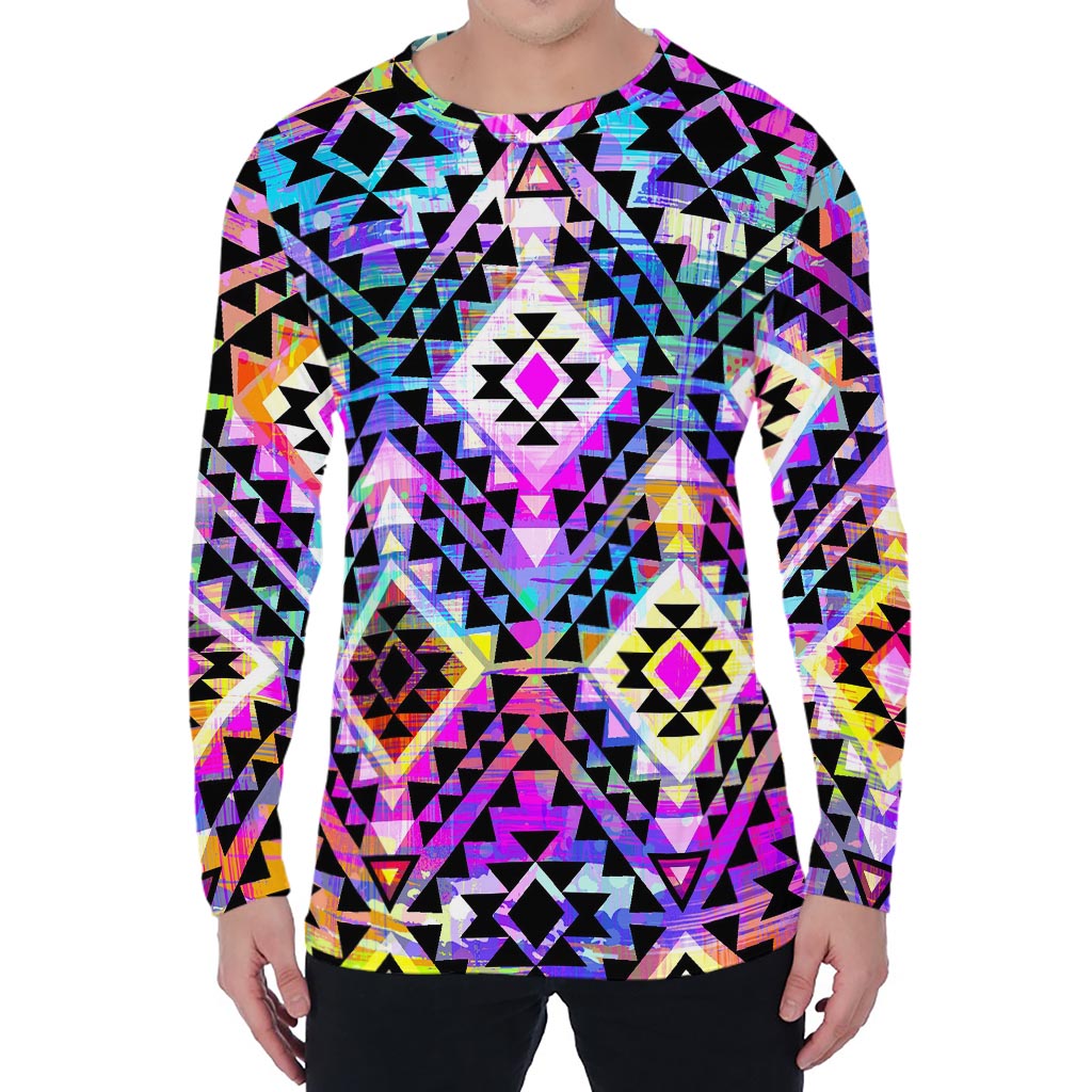 Colorful Aztec Pattern Print Men's Long Sleeve T-Shirt