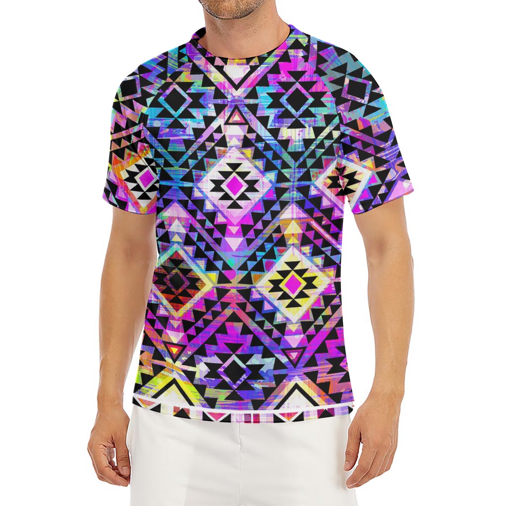 Colorful Aztec Pattern Print Men's Short Sleeve Rash Guard